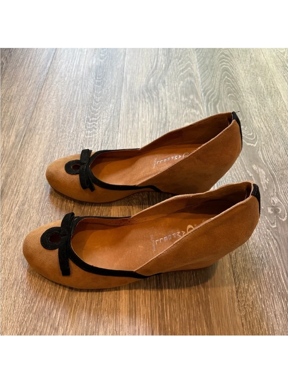 Jeffrey Campbell Tan Suede Wedges with Black Bow Accent